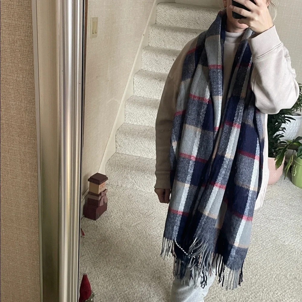 Cozy Long Warm Plaid Scarf with Fringe
